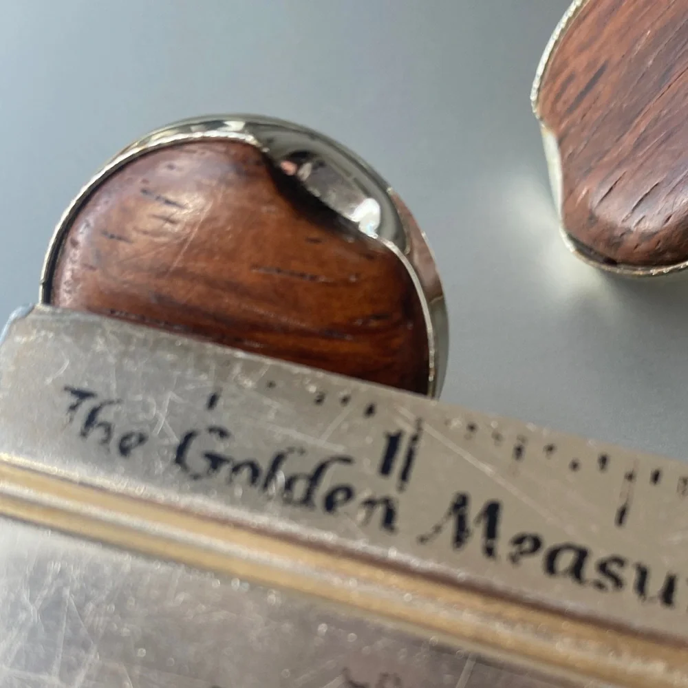 Vintage Brown Wood and Silver Tone Round Cuff Links